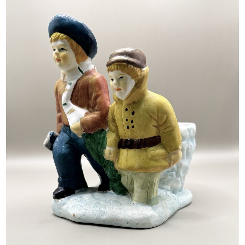 Vintage Geurlings Winter Children Planter Figurine Bisque Finish “Porcelain”